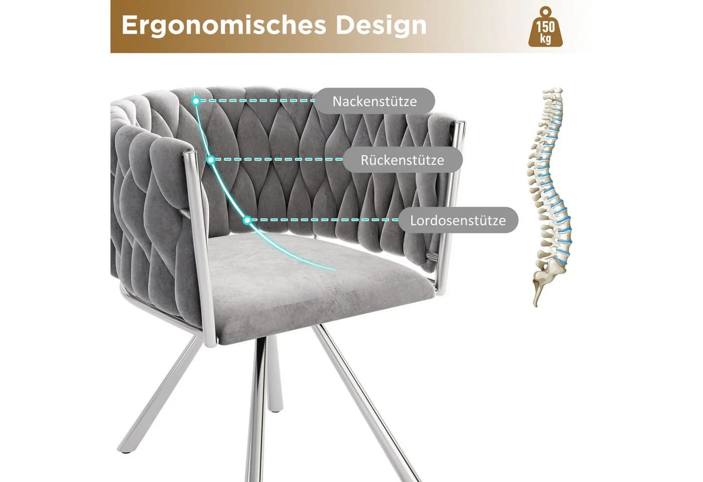 BlingBin Esszimmerstuhl Samt Grau Silber 360° Drehfunktion 2er Set - Bild 5