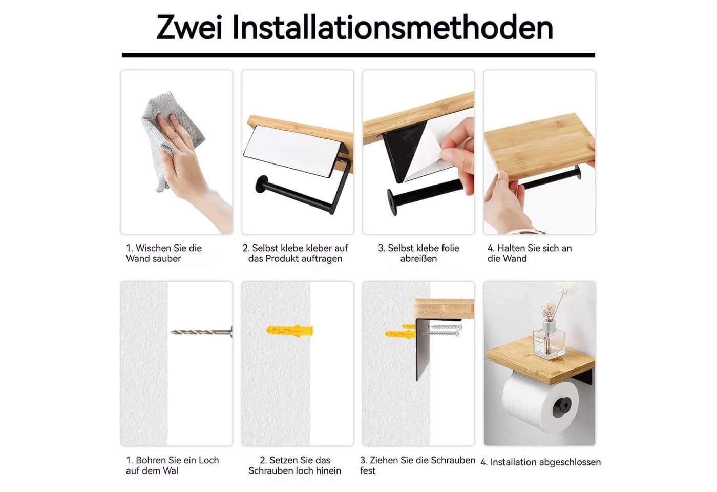 BlingBin Toilettenpapierhalter mit Bambus-Ablage Edelstahl Selbstklebend - Bild 5