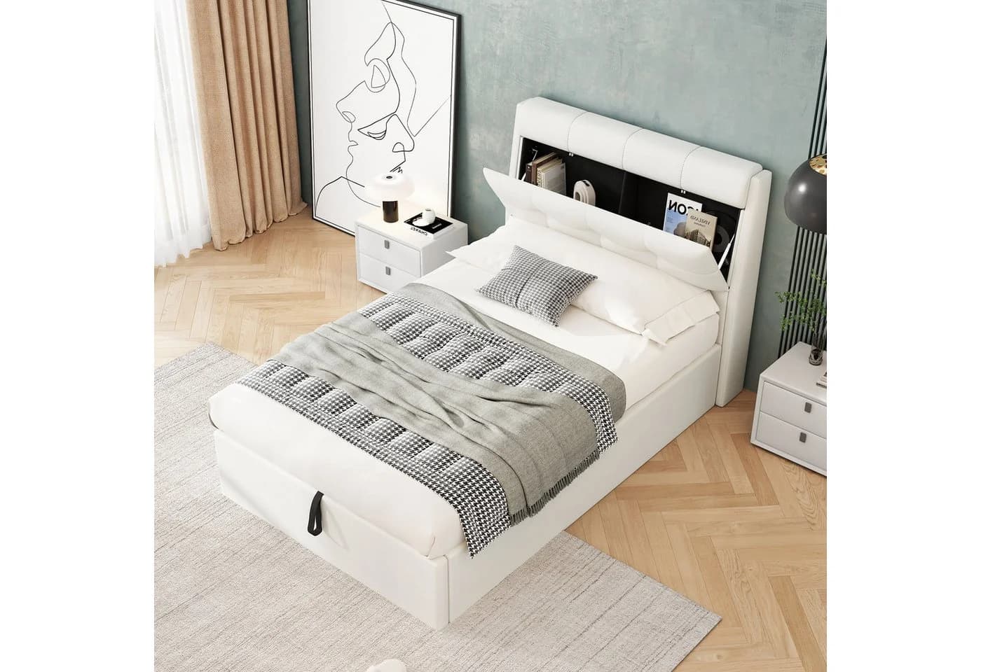 BlingBin Polsterbett 90x200 cm Weiß mit Bettkasten und Lattenrost