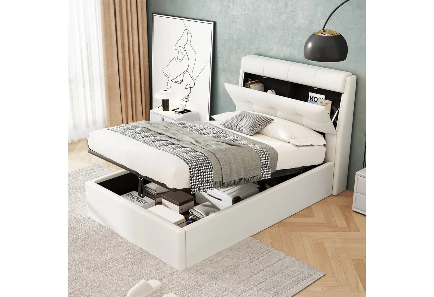 BlingBin Polsterbett 90x200 cm Weiß mit Bettkasten und Lattenrost - Bild 4