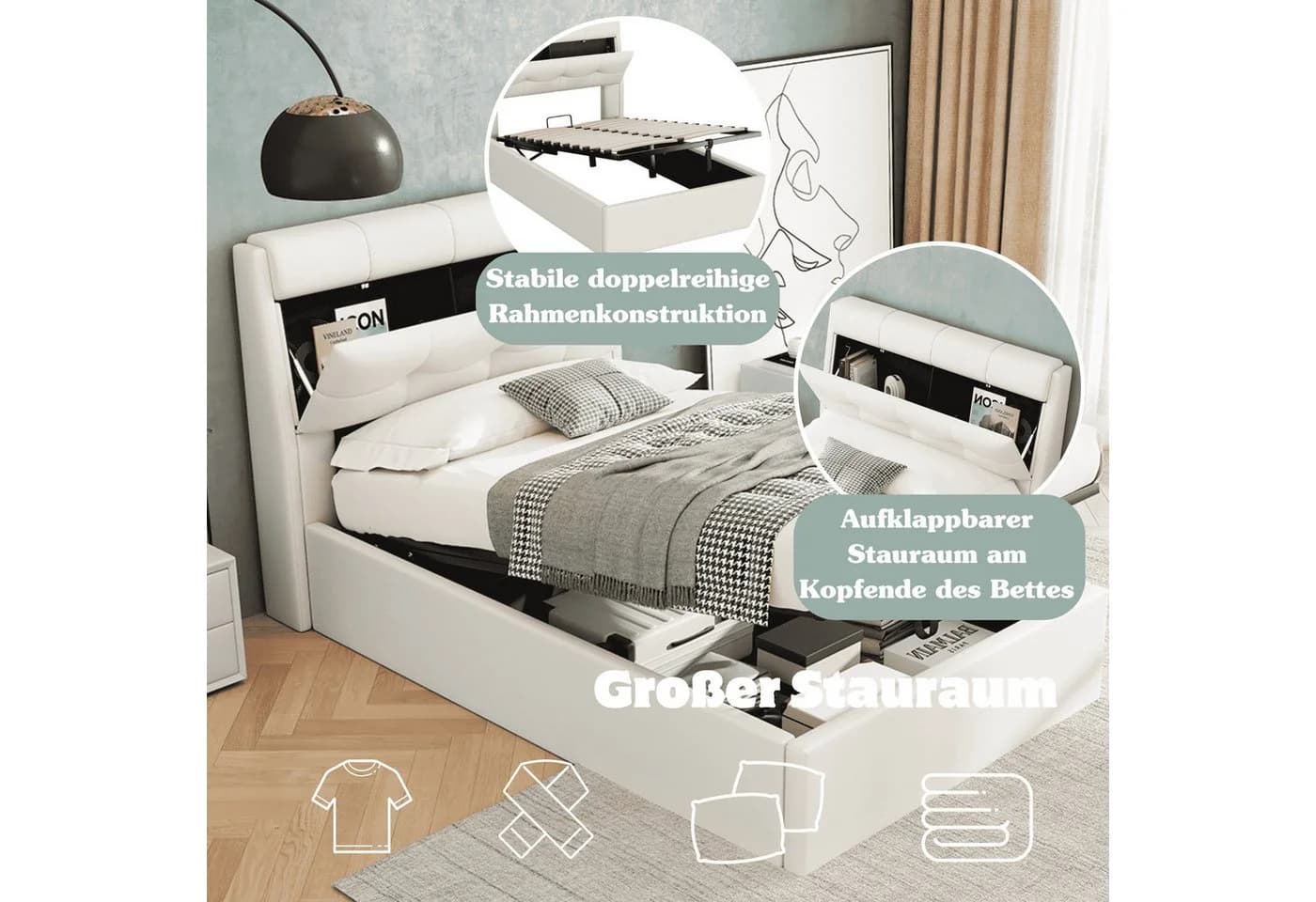 BlingBin Polsterbett 90x200 cm Weiß mit Bettkasten und Lattenrost - Bild 5