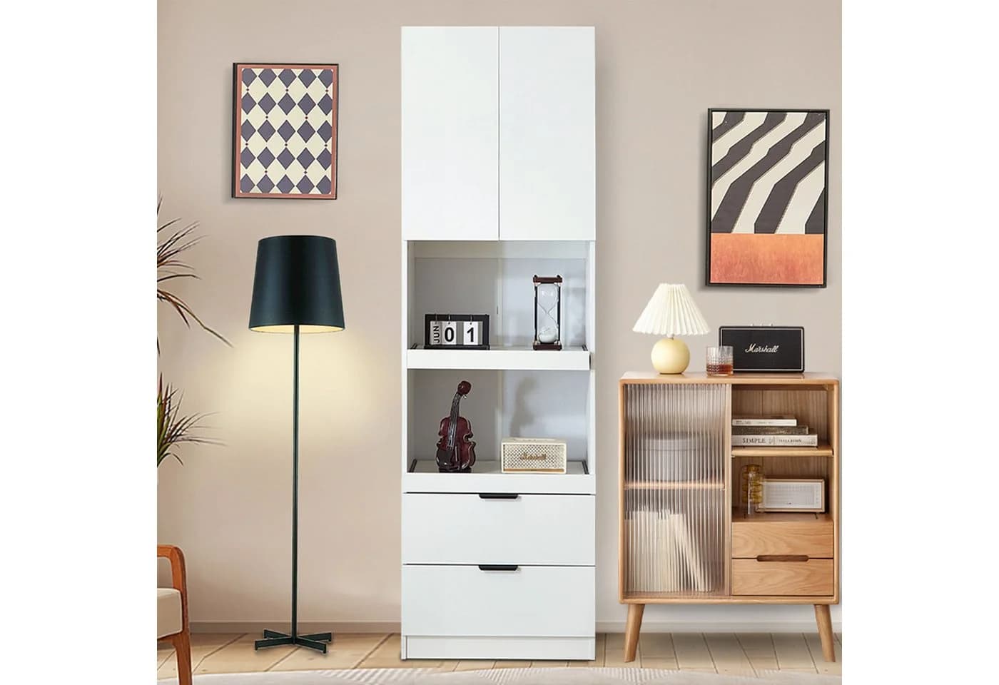 BlingBin Hochschrank Weiß 2 Türen 2 Schubladen Mikrowellenregal - Bild 3