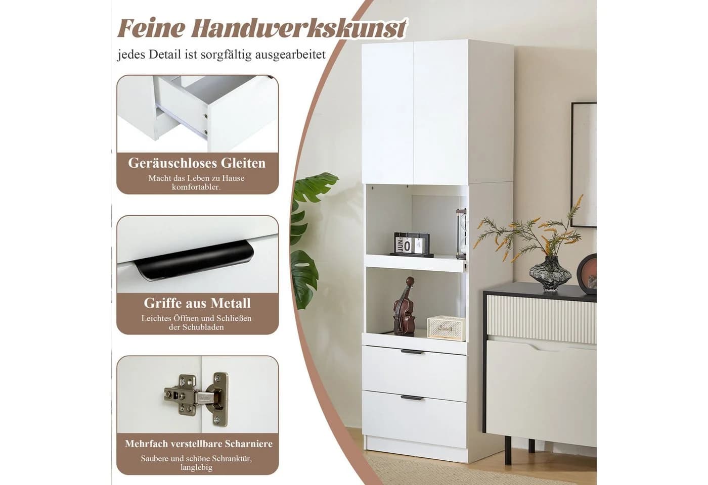 BlingBin Hochschrank Weiß 2 Türen 2 Schubladen Mikrowellenregal - Bild 5