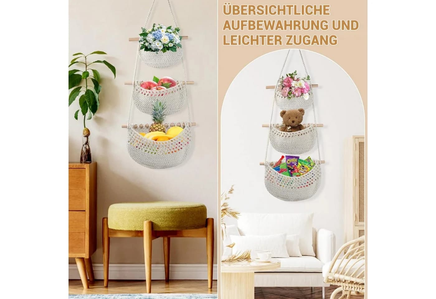 Hängekorb aus Seilen und Holz im Boho-Stil