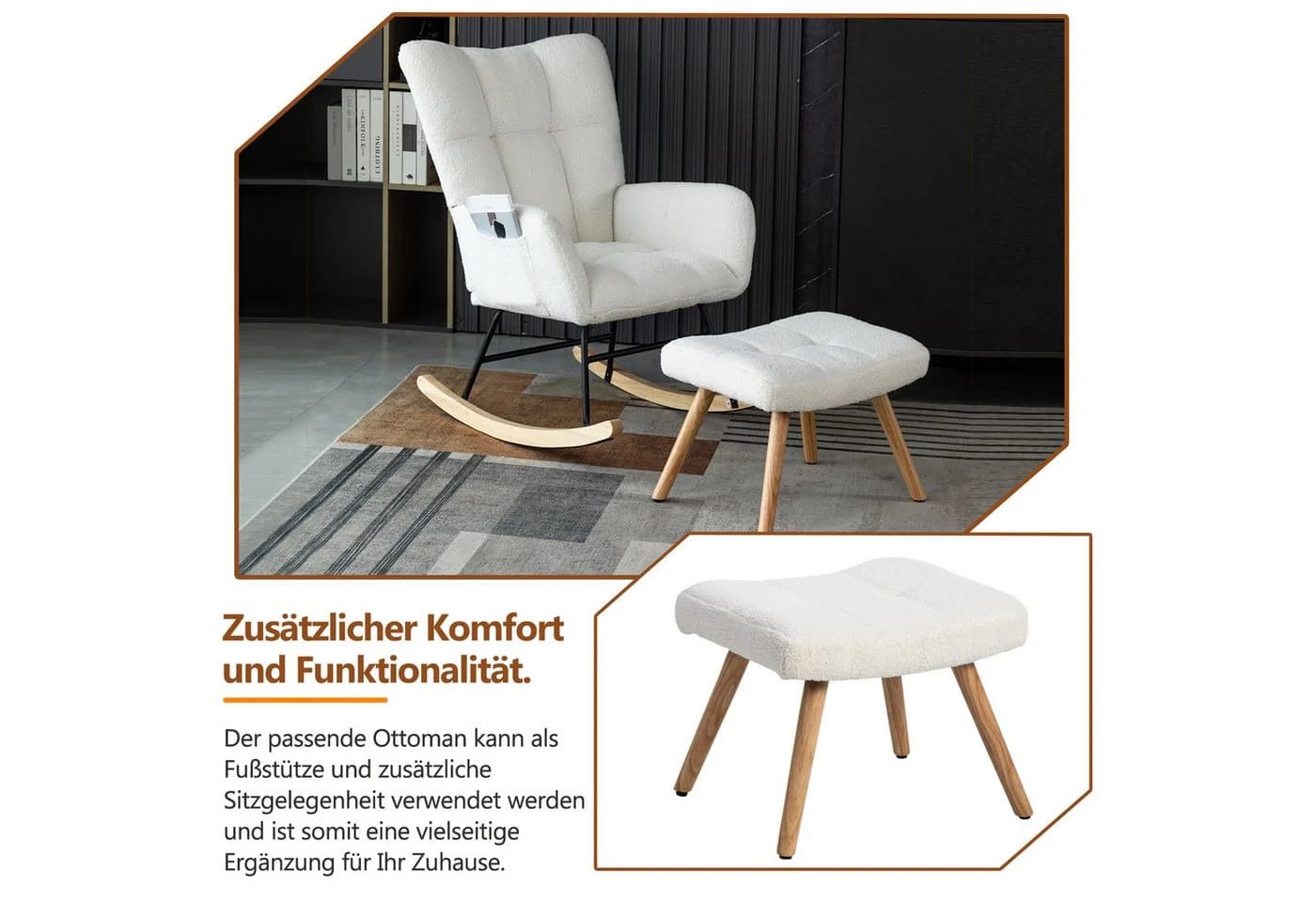 BlingBin Schaukelstuhl mit Bügeln und Fußhocker Weiß Teddy-Fleece - Bild 5