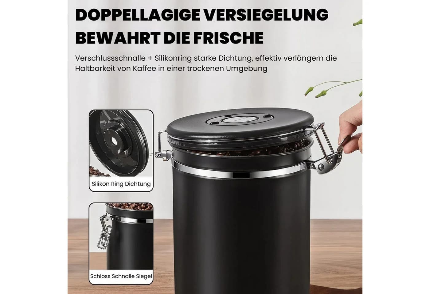 BlingBin Kaffeedose 1,8L Edelstahl Schwarz mit CO2-Ventil & Datumsanzeige