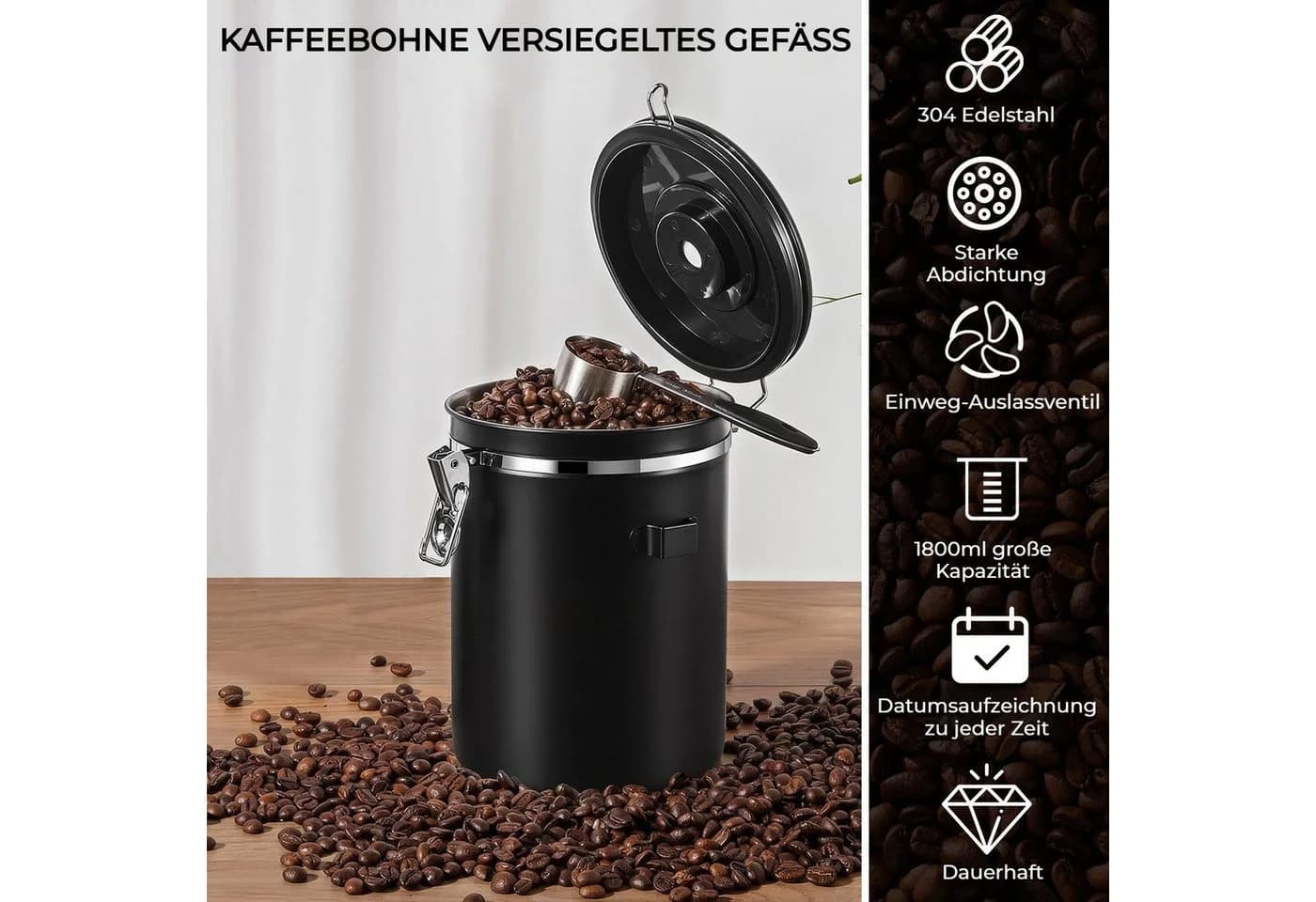 BlingBin Kaffeedose 1,8L Edelstahl Schwarz mit CO2-Ventil & Datumsanzeige - Bild 3