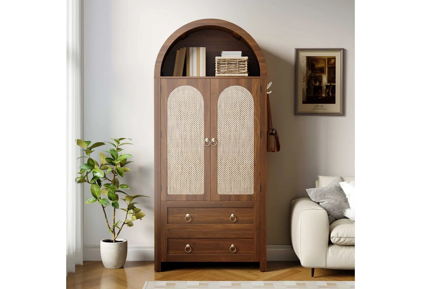 BlingBin Hochschrank Sideboard 80x40x180 cm Nussbaum Rattan - Bild 2