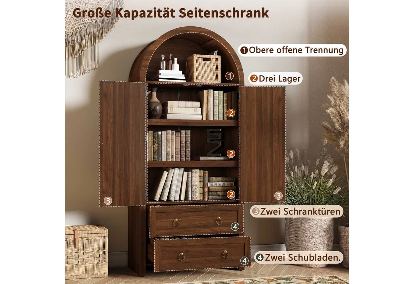 BlingBin Hochschrank Sideboard 80x40x180 cm Nussbaum Rattan - Bild 3