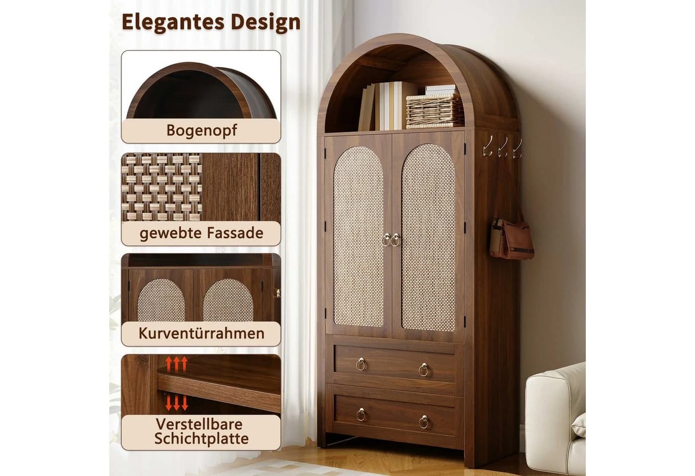 BlingBin Hochschrank Sideboard 80x40x180 cm Nussbaum Rattan - Bild 4