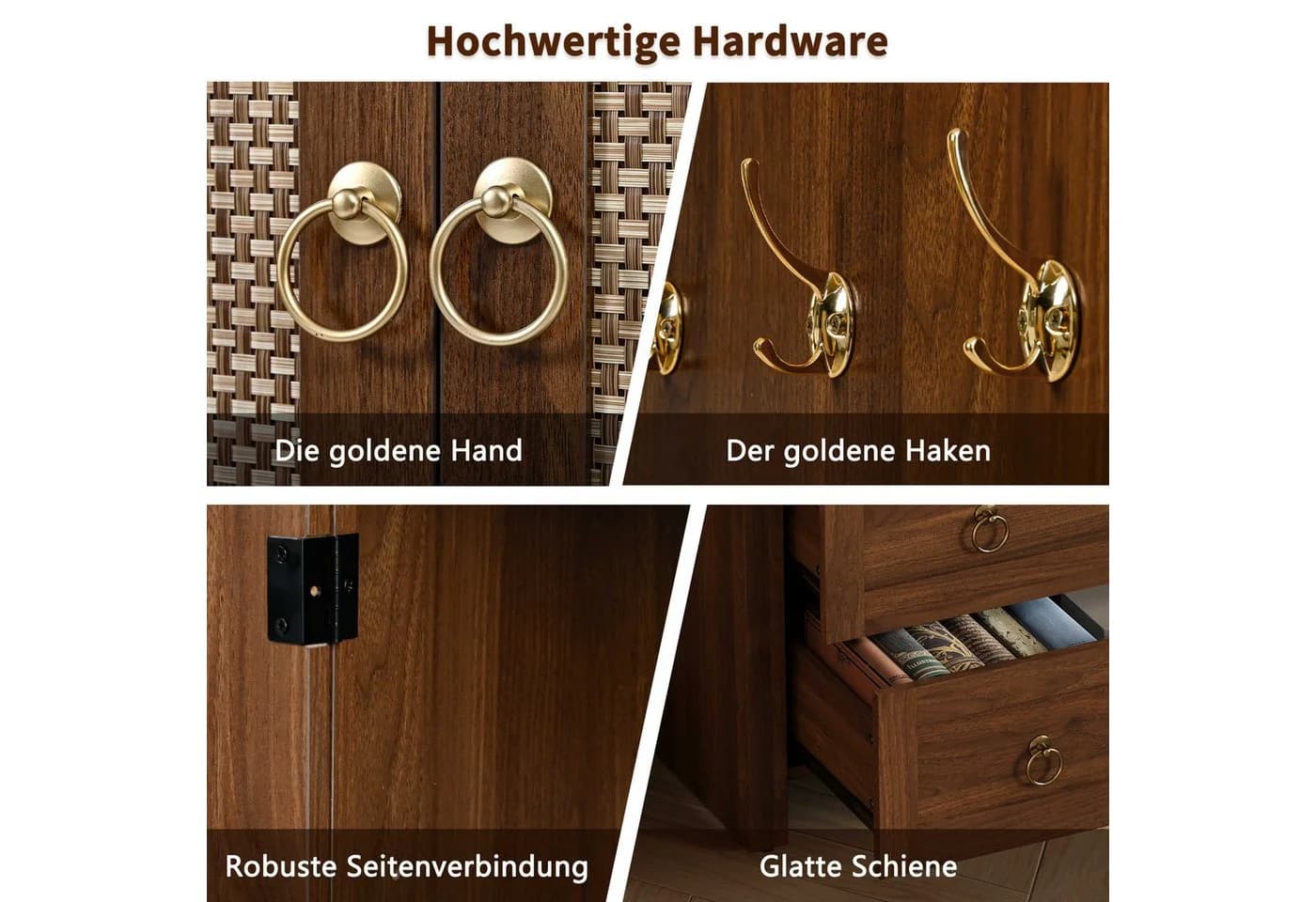 BlingBin Hochschrank Sideboard 80x40x180 cm Nussbaum Rattan - Bild 5