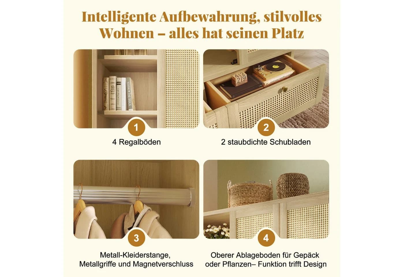 BlingBin Kleiderschrank Eiche Rattan mit Schubladen - Bild 3