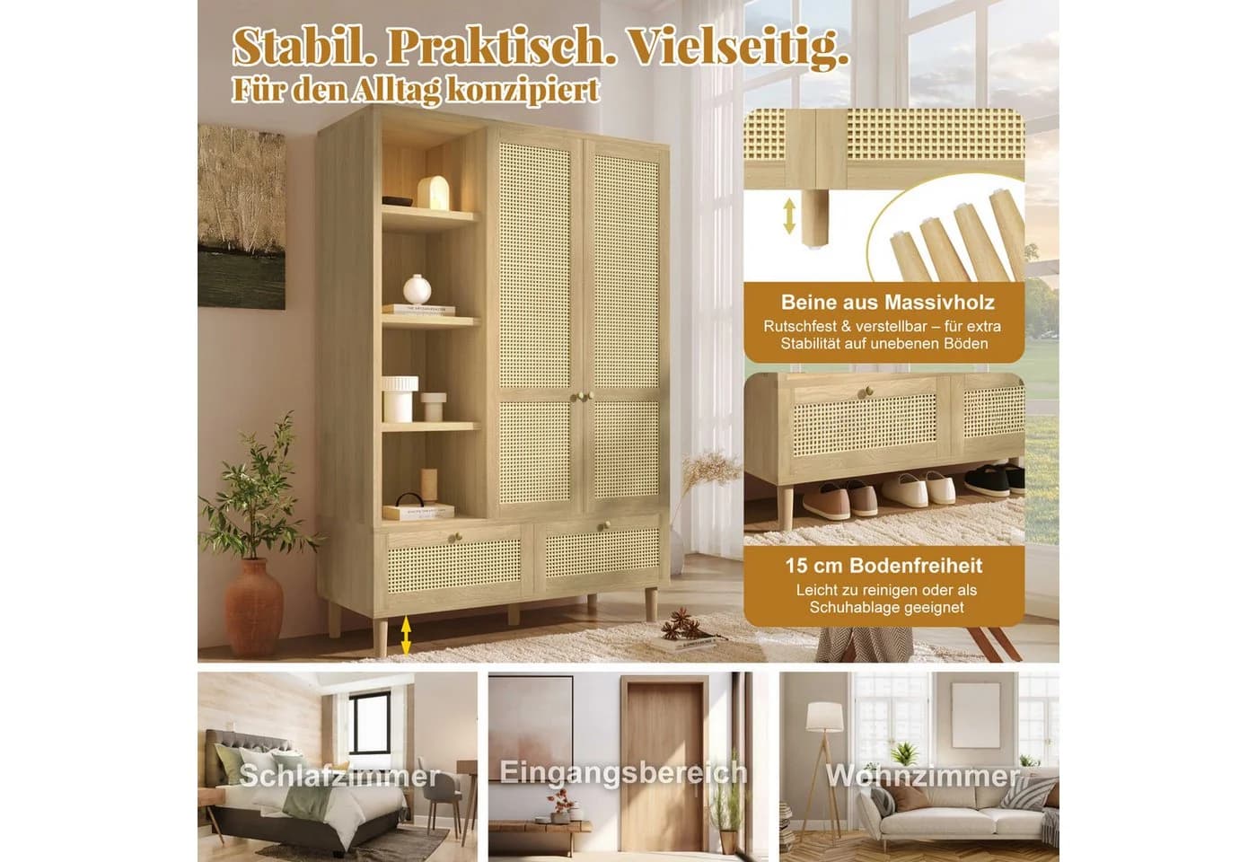 BlingBin Kleiderschrank Eiche Rattan mit Schubladen - Bild 4