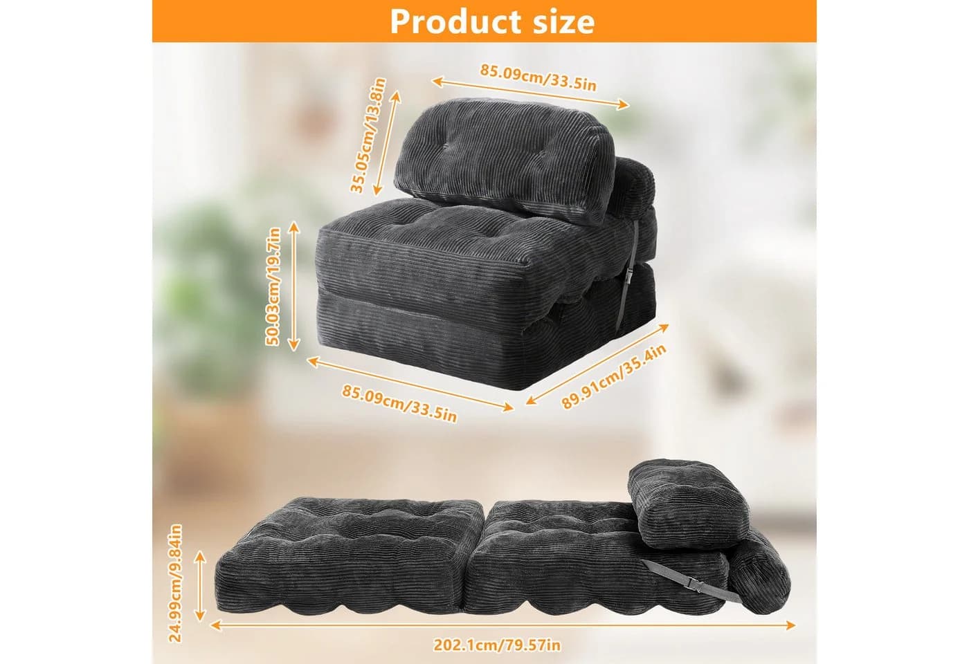 BlingBin Schlafsofa Klappsofa 1-Sitzer mit Bettfunktion, Cordstoff