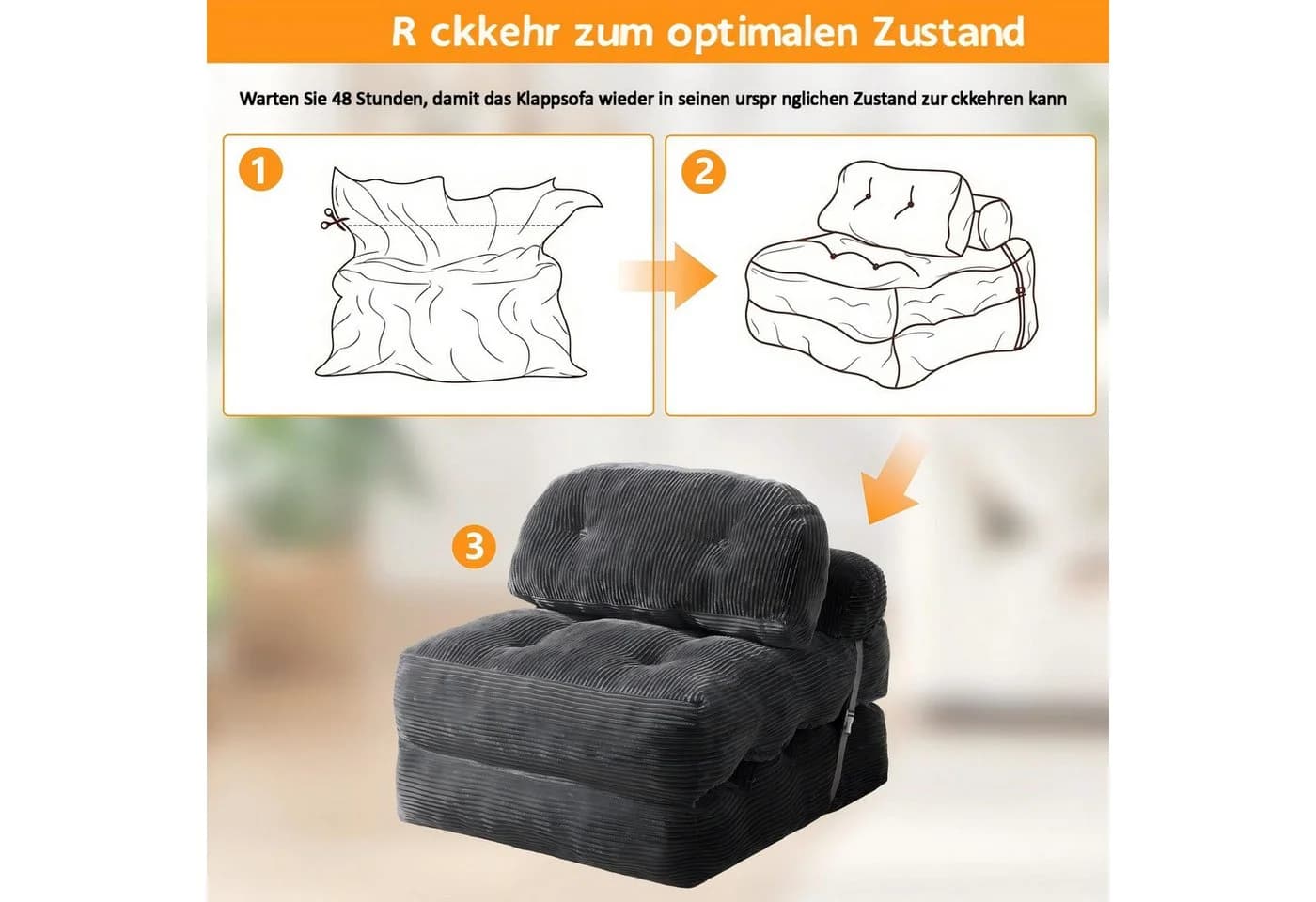 BlingBin Schlafsofa Klappsofa 1-Sitzer mit Bettfunktion, Cordstoff - Bild 4