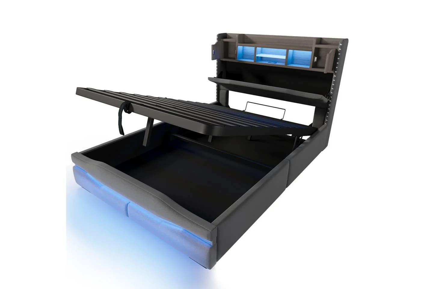 BlingBin Stauraumbett LED Polsterbett Grau/Beige mit Hydraulik