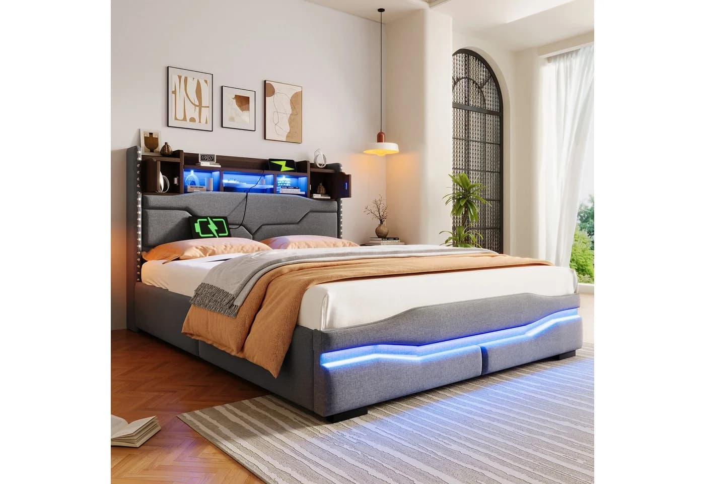 BlingBin Stauraumbett LED Polsterbett Grau/Beige mit Hydraulik - Bild 2