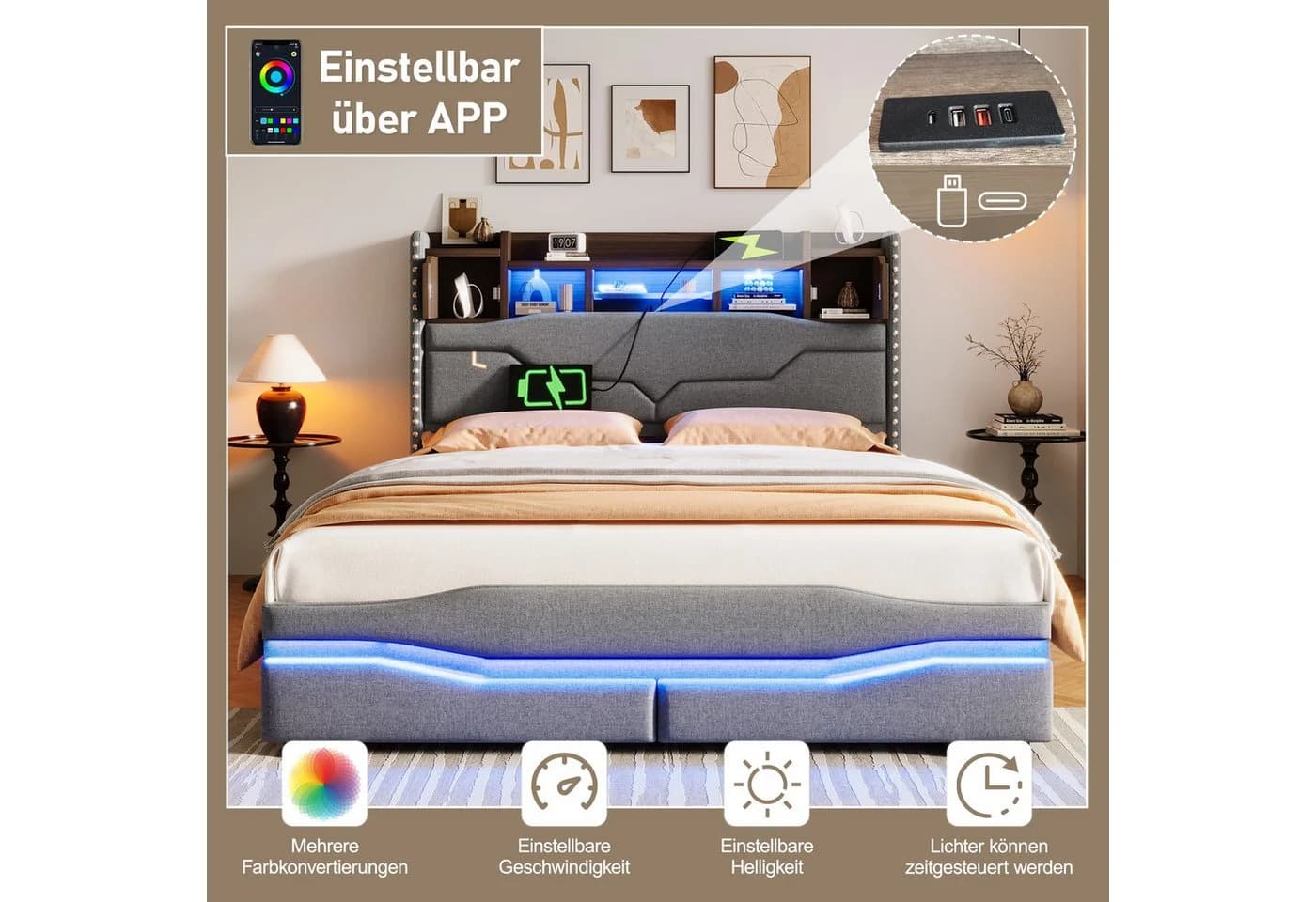 BlingBin Stauraumbett LED Polsterbett Grau/Beige mit Hydraulik - Bild 4