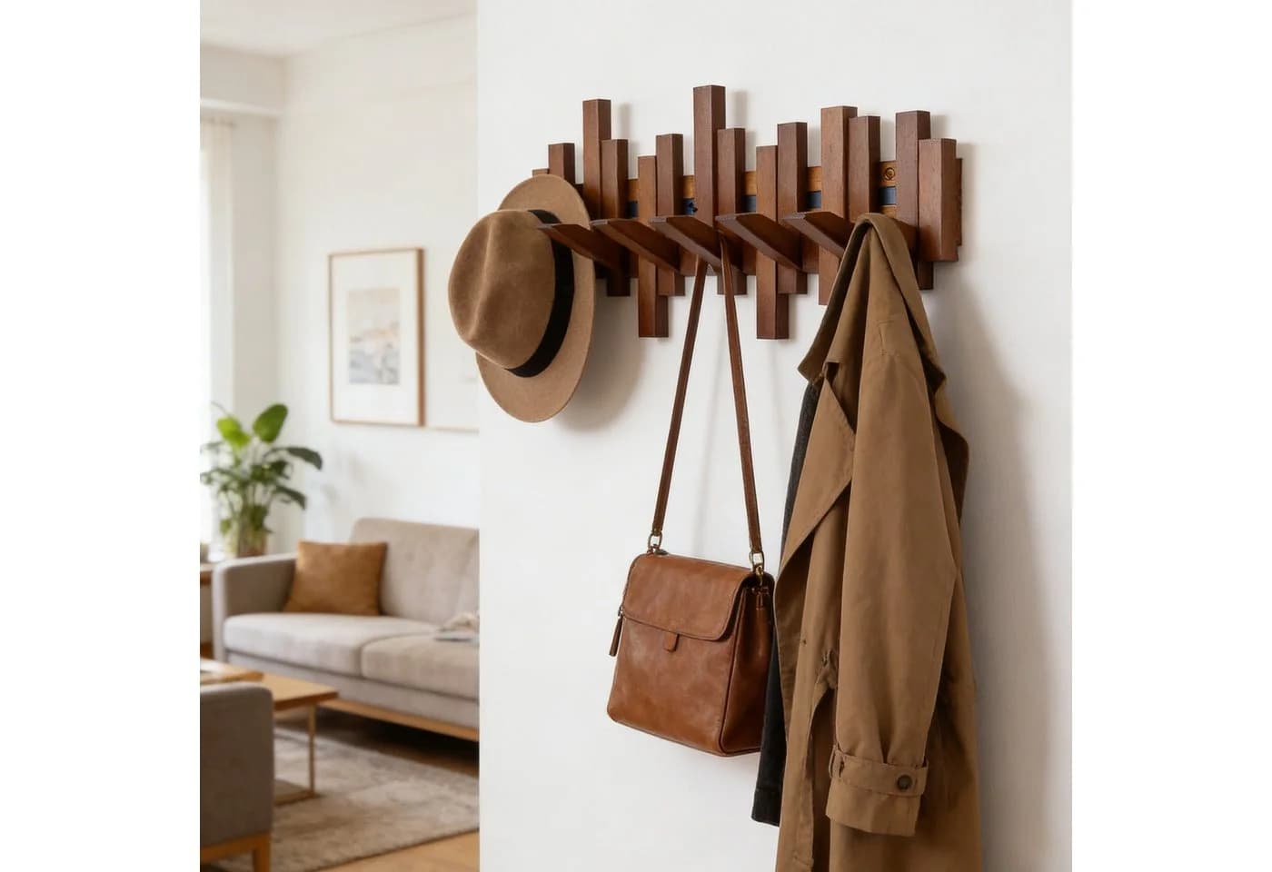 BlingBin Wandgarderobe Klappbare 6 Haken Naturholz Walnussfarbe