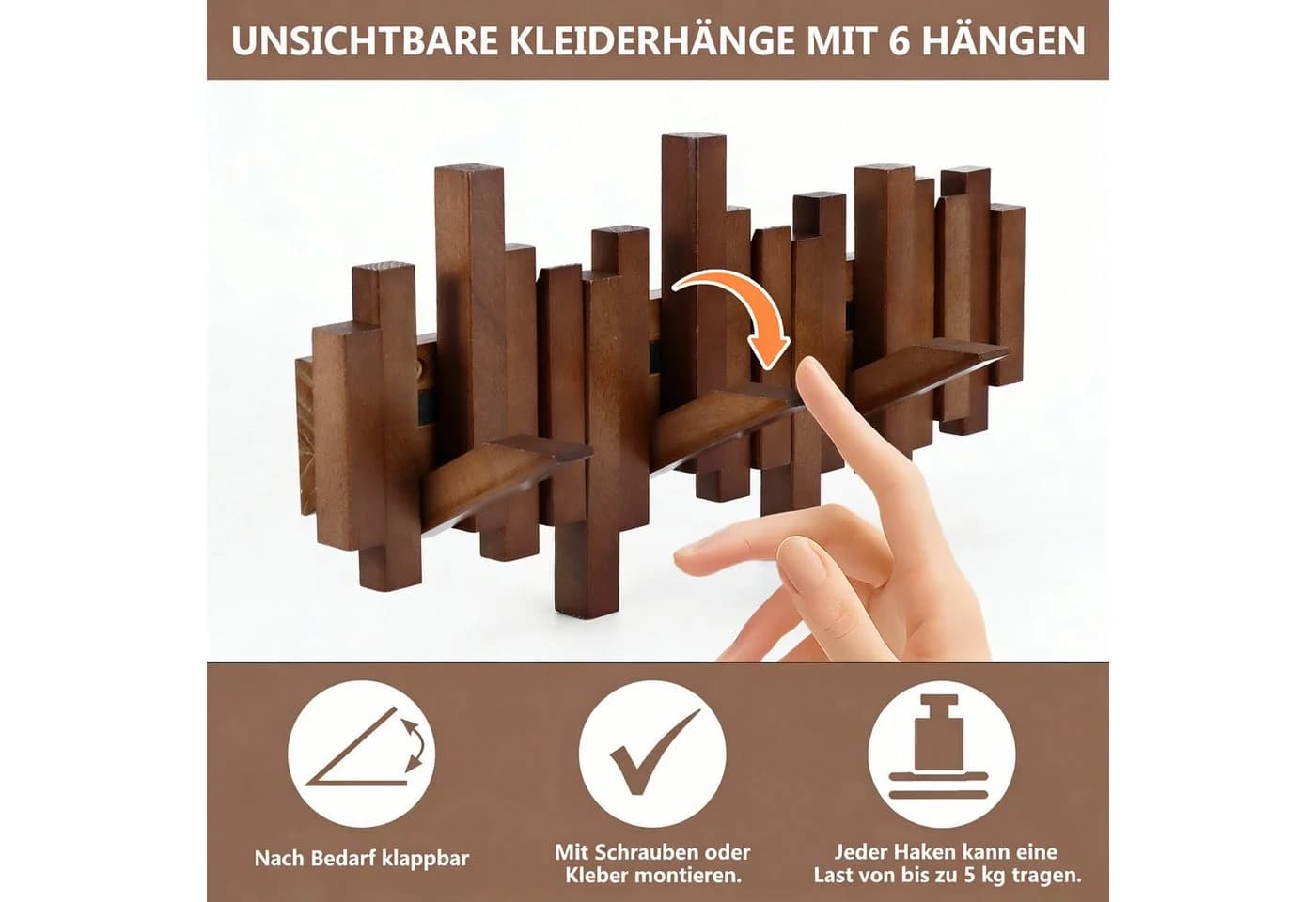 BlingBin Wandgarderobe Klappbare 6 Haken Naturholz Walnussfarbe - Bild 4