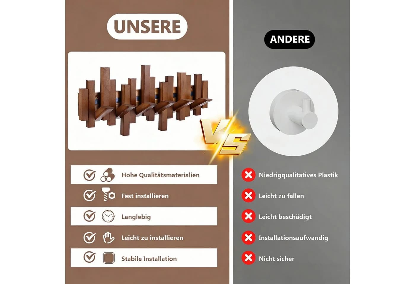 BlingBin Wandgarderobe Klappbare 6 Haken Naturholz Walnussfarbe - Bild 5