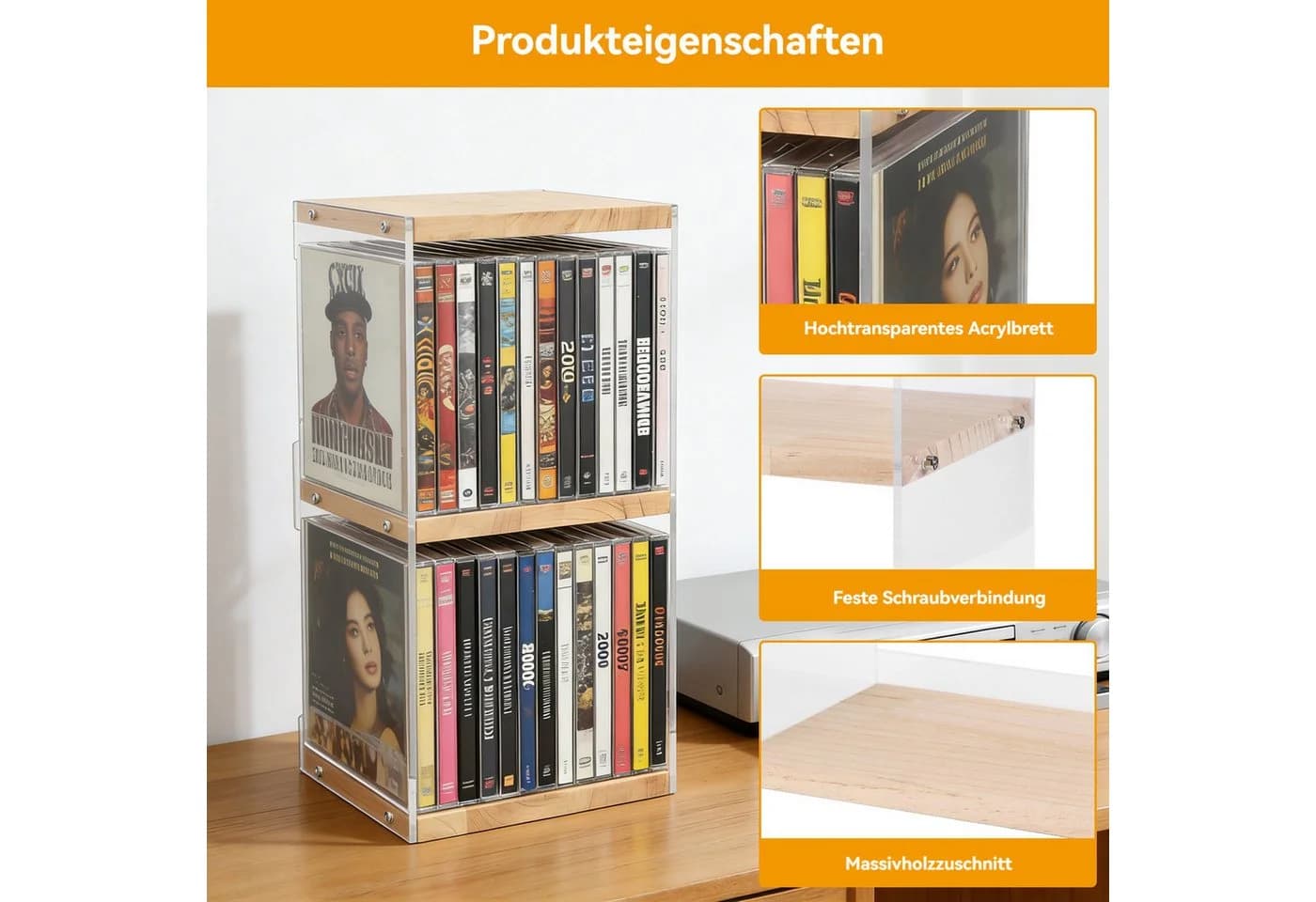 BlingBin CD-Regal 2-stufiger CD-Halter aus Holz und Acryl, Schallplatten Aufbewahrung - Bild 5