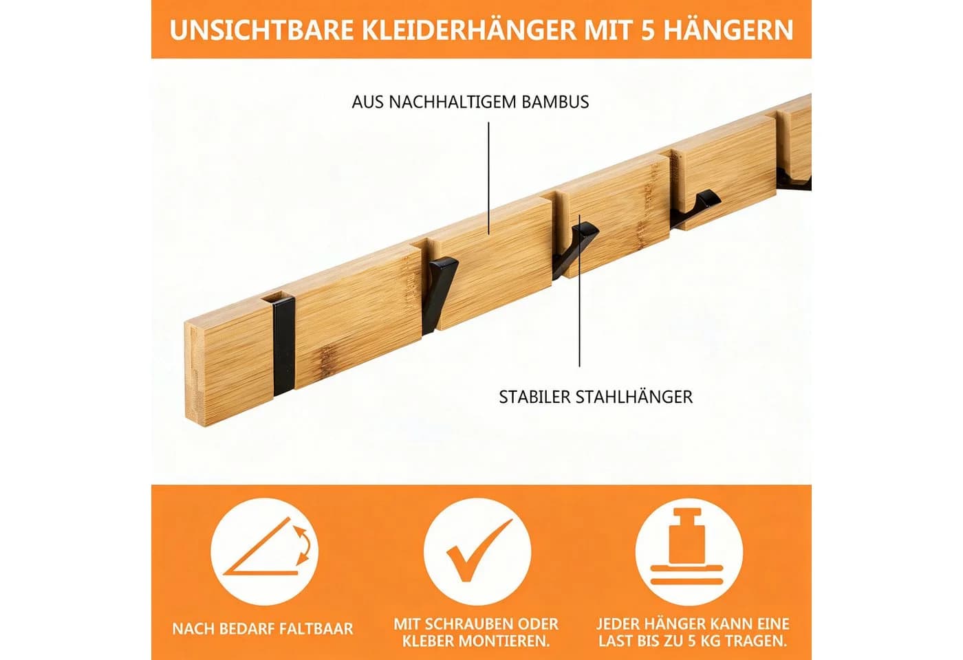 BlingBin Wandgarderobe Klappbar mit 5 Haken Holz Aluminium Modern - Bild 3
