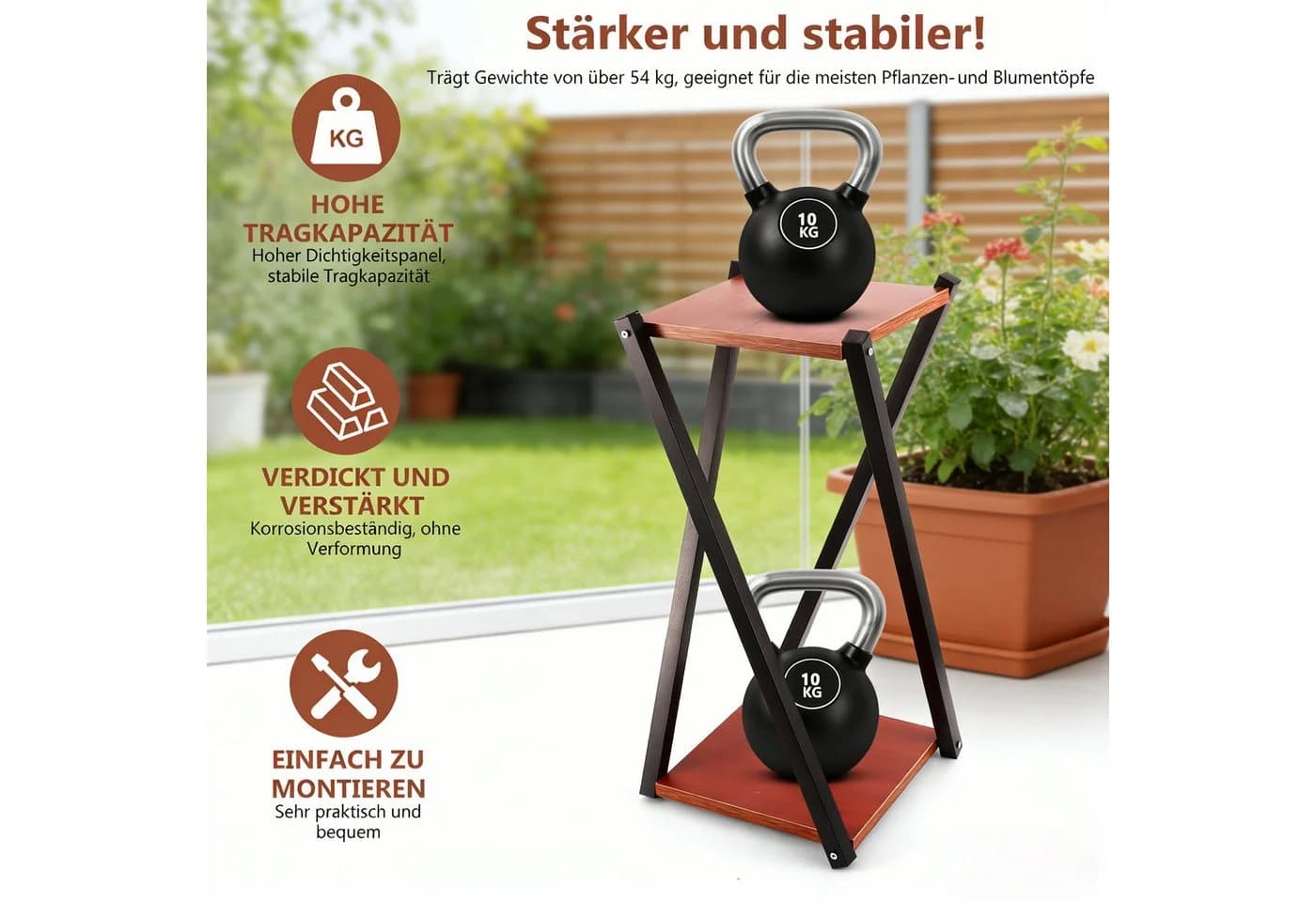 BlingBin Blumenständer 2 Ebenen Metall Holzoptik Schwarz Teak - Bild 4