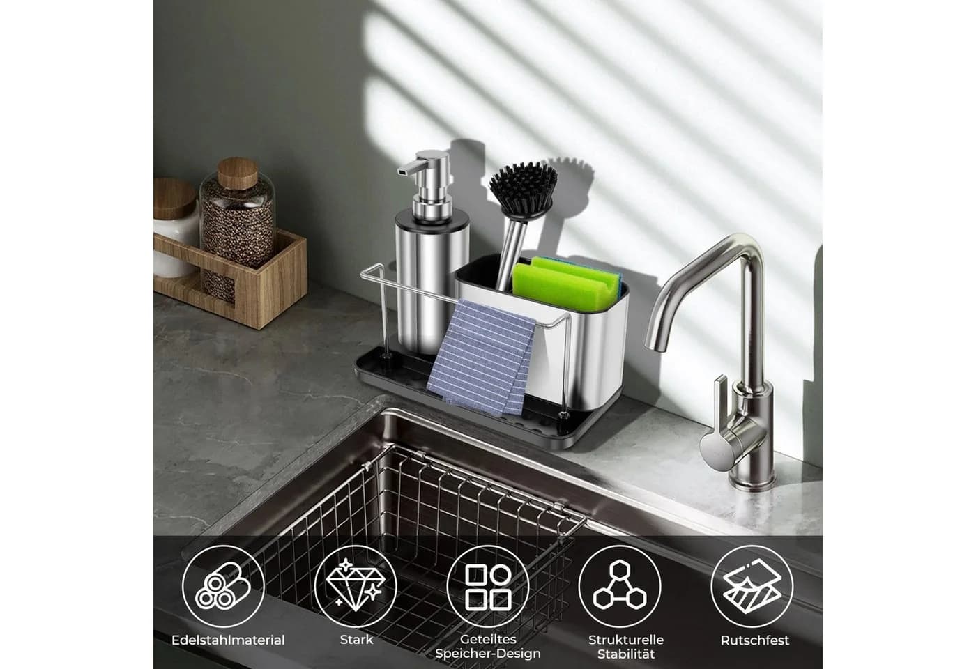BlingBin Küchenorganizer-Set 3-in-1 Seifenspender Pumpenset mit Bürste