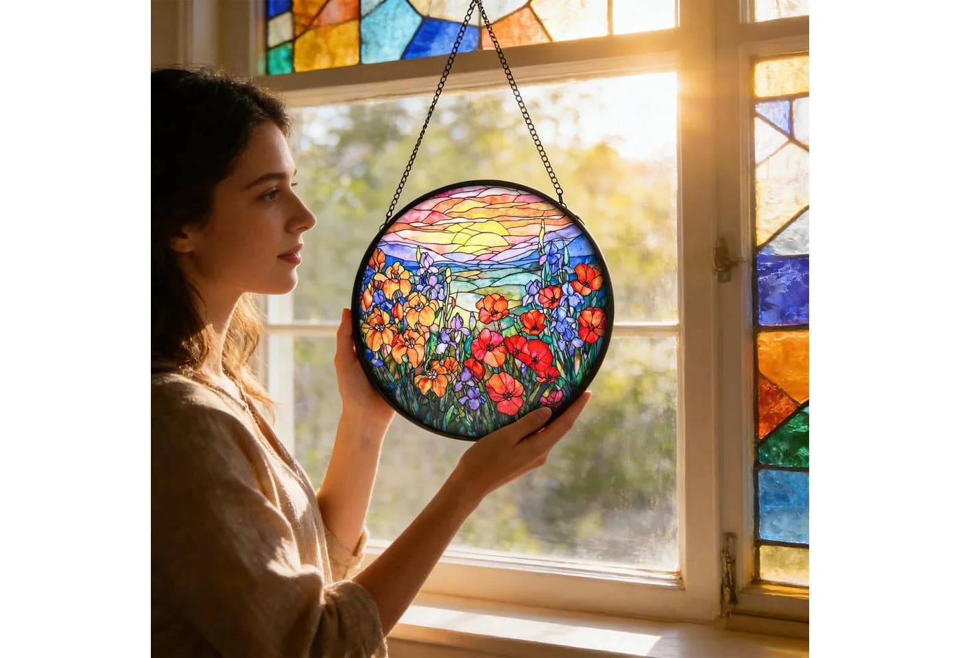 BlingBin Buntglas-Fensterhänger Blumen Sonnenfänger 20cm Runde