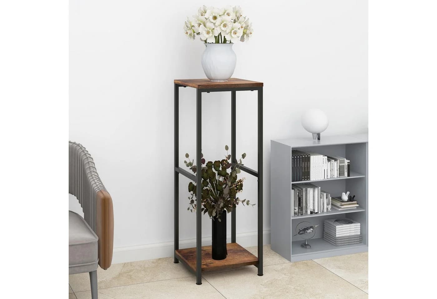 BlingBin Blumenständer 2 Ebenen Metall Holz Schwarz Braun - Bild 3