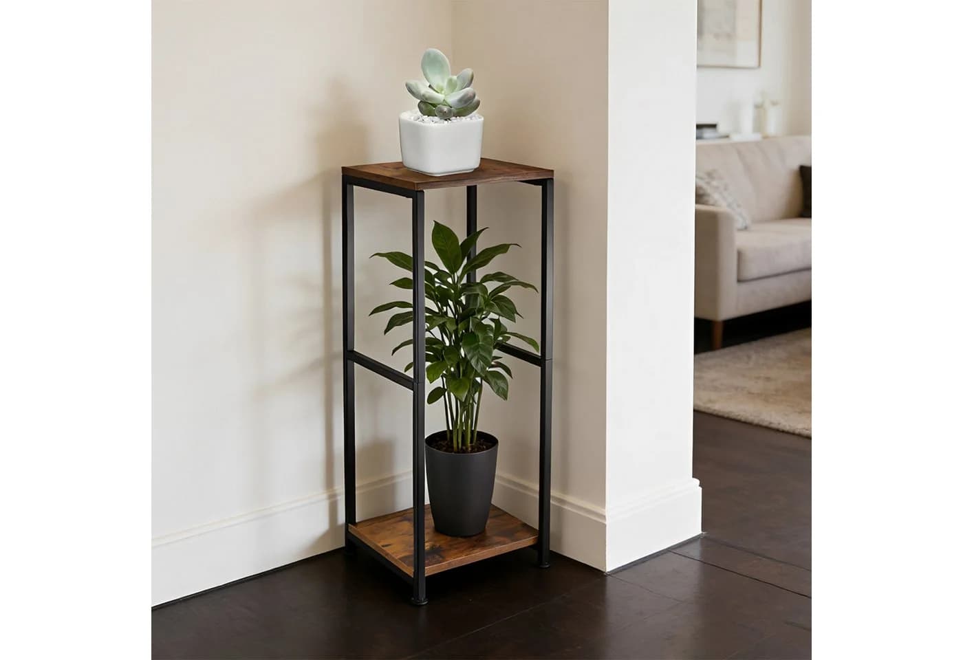 BlingBin Blumenständer 2 Ebenen Metall Holz Schwarz Braun - Bild 4