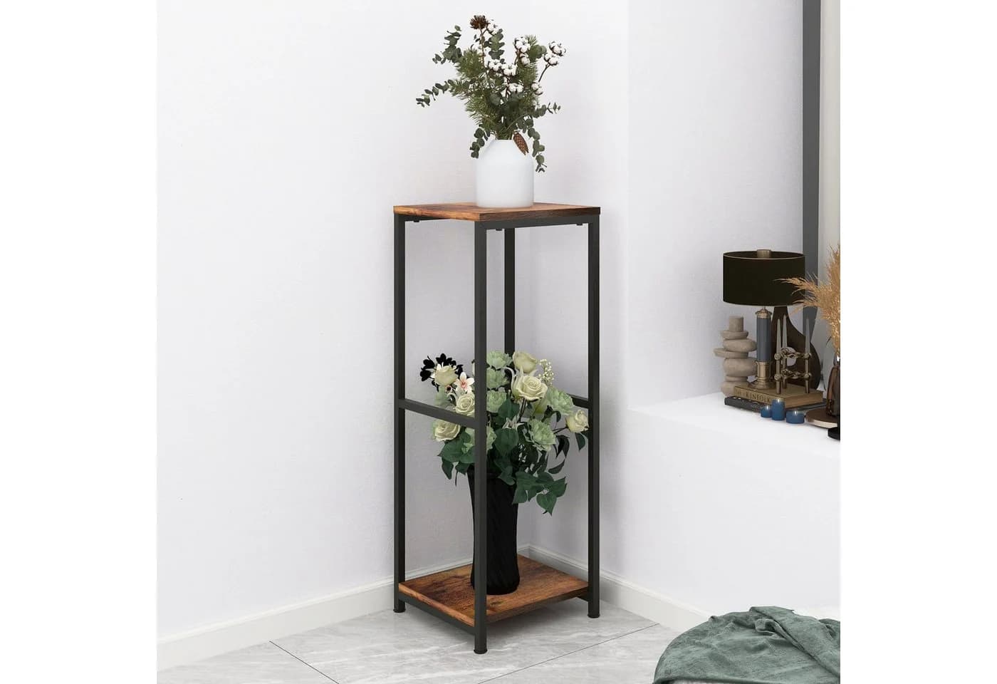 BlingBin Blumenständer 2 Ebenen Metall Holz Schwarz Braun - Bild 5