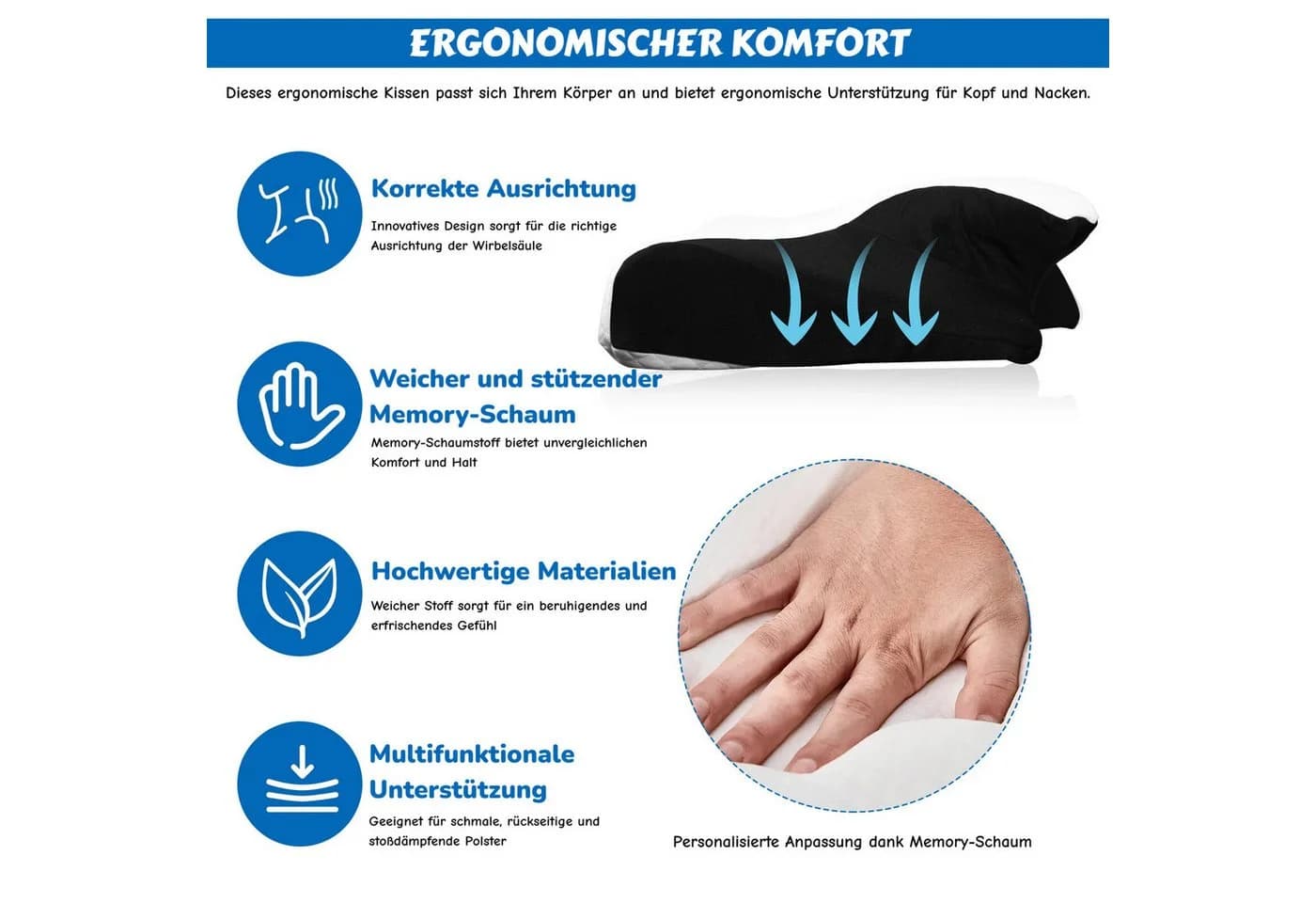 BlingBin Nackenstützkissen Ergonomisches Nackenkissen Memory Schaum Orthopädisches Kopfkissen Schwarz & Weiß - Bild 3