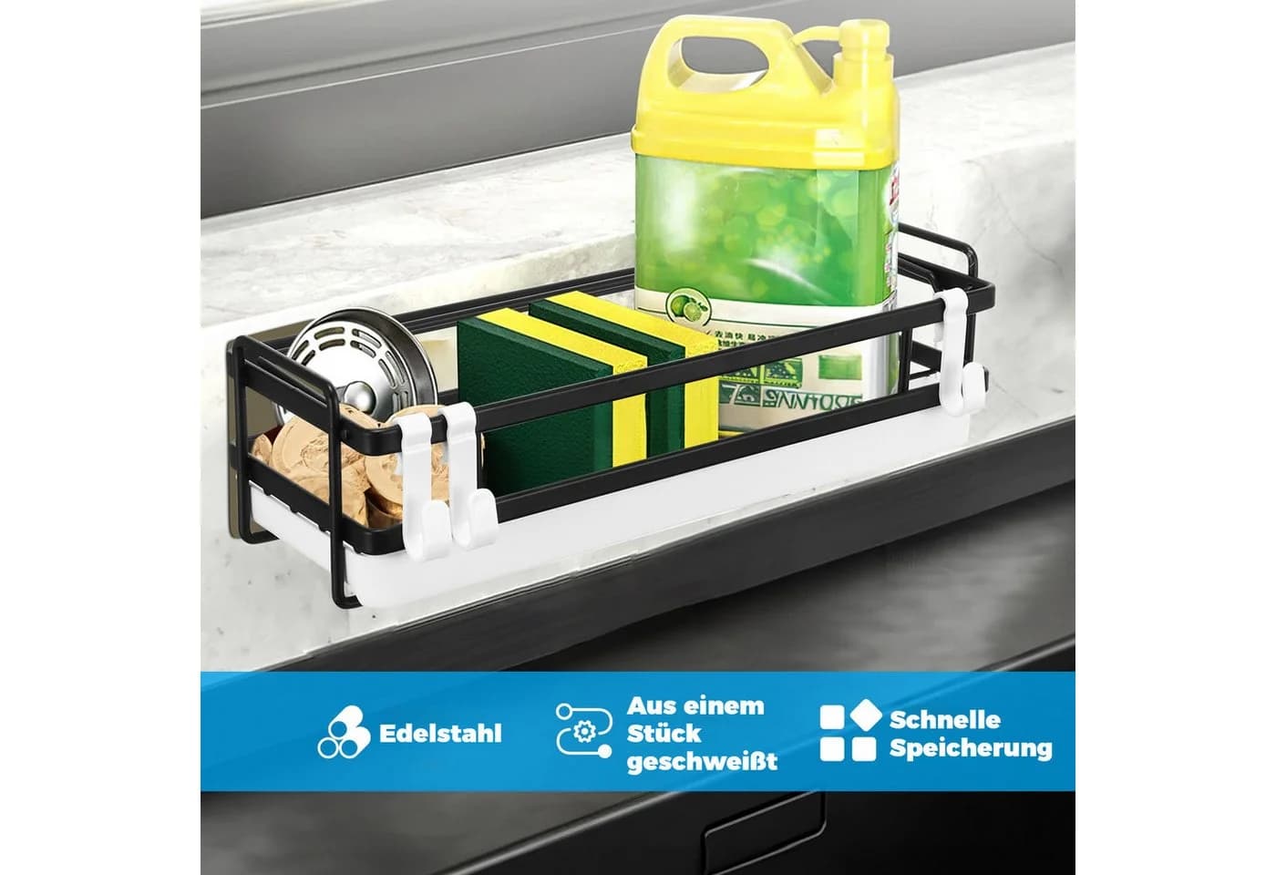 BlingBin Küchenorganizer-Set Hängend Spülbecken Organizer, Schwammhalter mit Spültuchhalter, 25,7*9,5*7 cm, Spüle Organizer mit Abflusspfanne für Abwasch, Spülmittel, Ohne Bohren