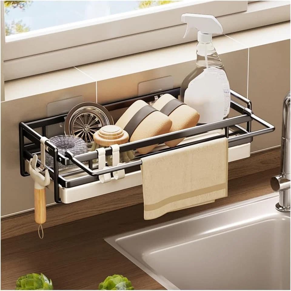 BlingBin Küchenorganizer-Set Hängend Spülbecken Organizer, Schwammhalter mit Spültuchhalter, 25,7*9,5*7 cm, Spüle Organizer mit Abflusspfanne für Abwasch, Spülmittel, Ohne Bohren - Bild 2