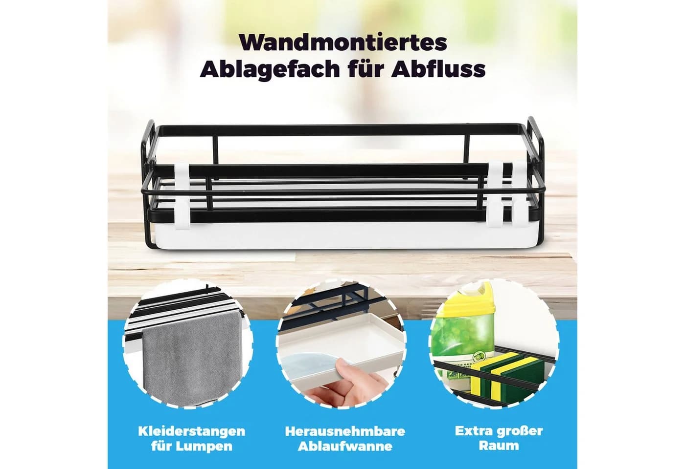 BlingBin Küchenorganizer-Set Hängend Spülbecken Organizer, Schwammhalter mit Spültuchhalter, 25,7*9,5*7 cm, Spüle Organizer mit Abflusspfanne für Abwasch, Spülmittel, Ohne Bohren - Bild 3