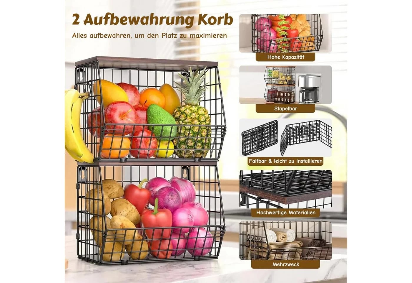 BlingBin Hängekorb Obstkorb mit Holzdeckel Wandkorb Küchenorganisator - Bild 5