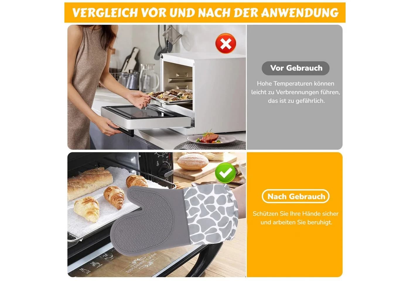 BlingBin Topfhandschuhe Ofenhandschuhe Topflappen Set, Anti-Rutsch Silikon Handschuh, 6er Set, Hitzebeständig bis 260°C - Bild 4
