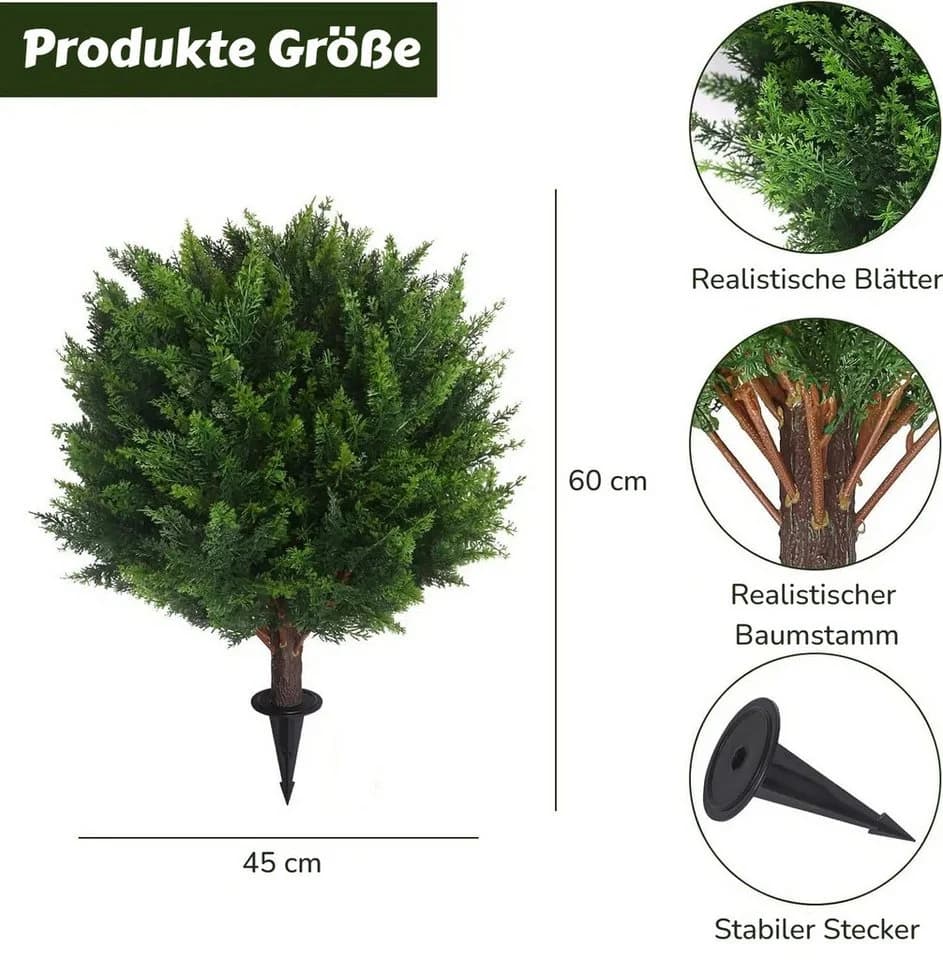BlingBin Kunstbaum 2 Stück Kunstpflanze Künstliche Pflanzen Kugelbäume mit Erdspieß 60 cm UV-beständig - Bild 4