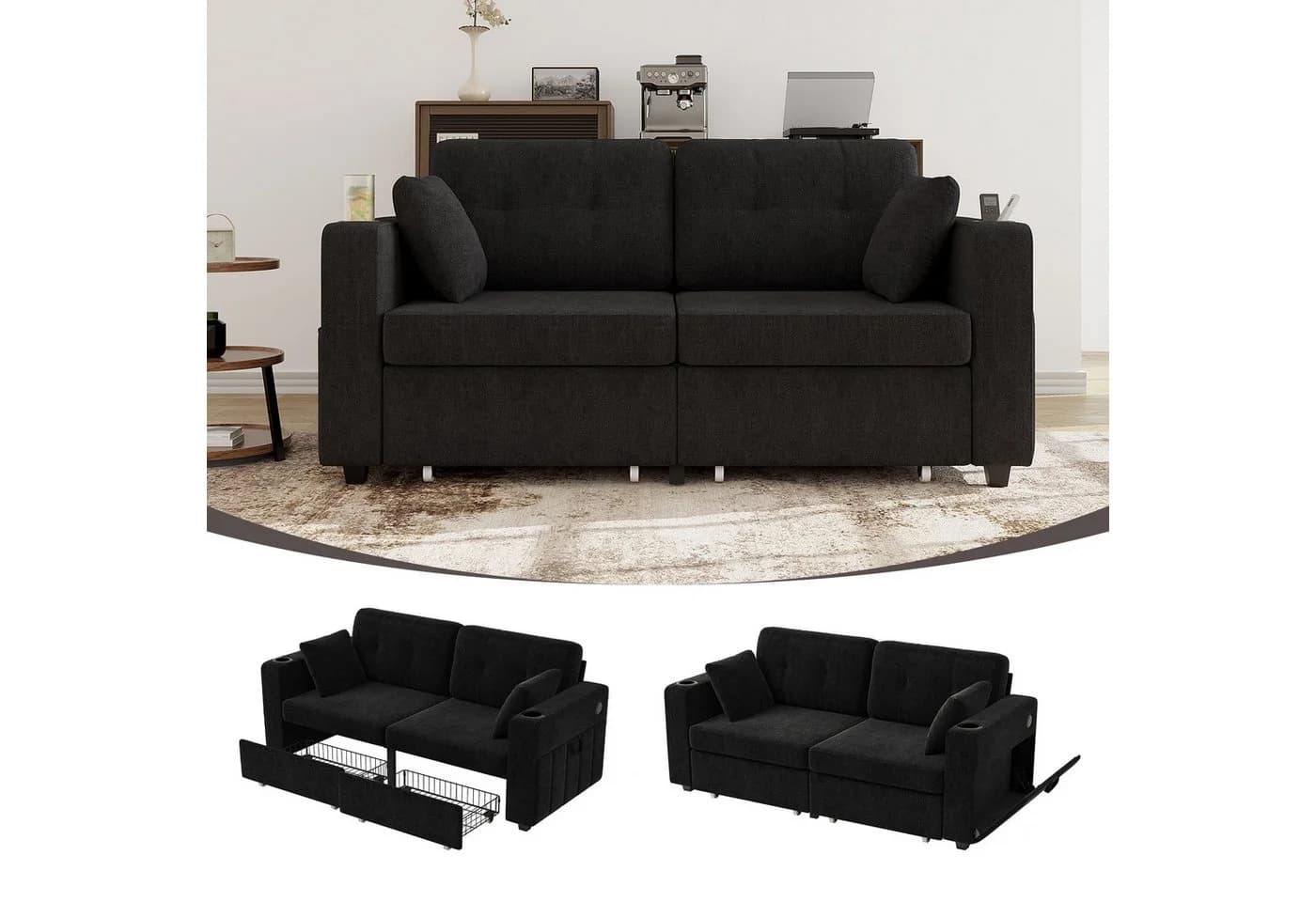 BlingBin 2-Sitzer Sofa Schwarz mit Stauraum & USB