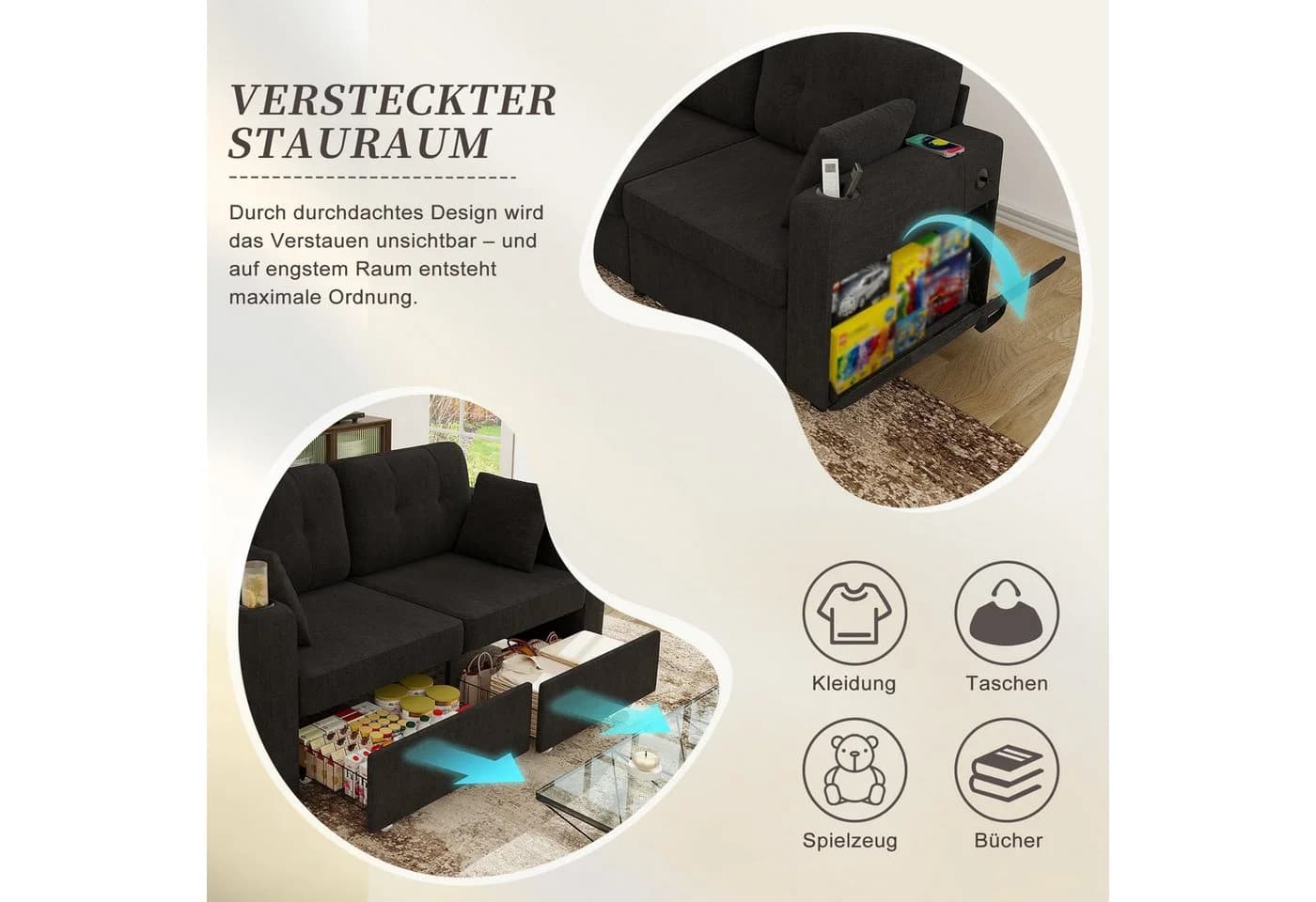 BlingBin 2-Sitzer Sofa Schwarz mit Stauraum & USB - Bild 3