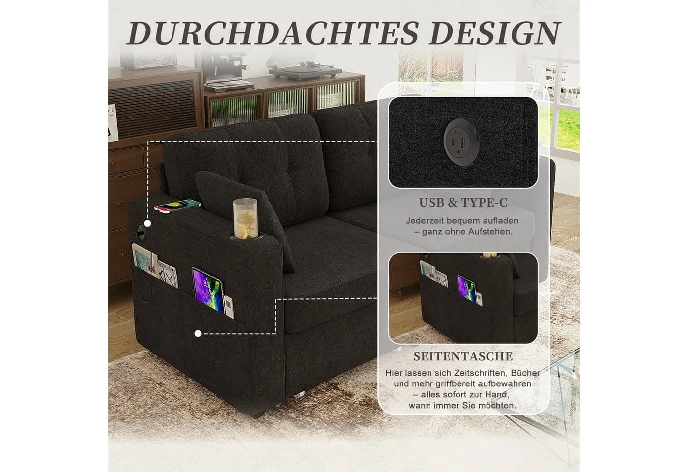 BlingBin 2-Sitzer Sofa Schwarz mit Stauraum & USB - Bild 4