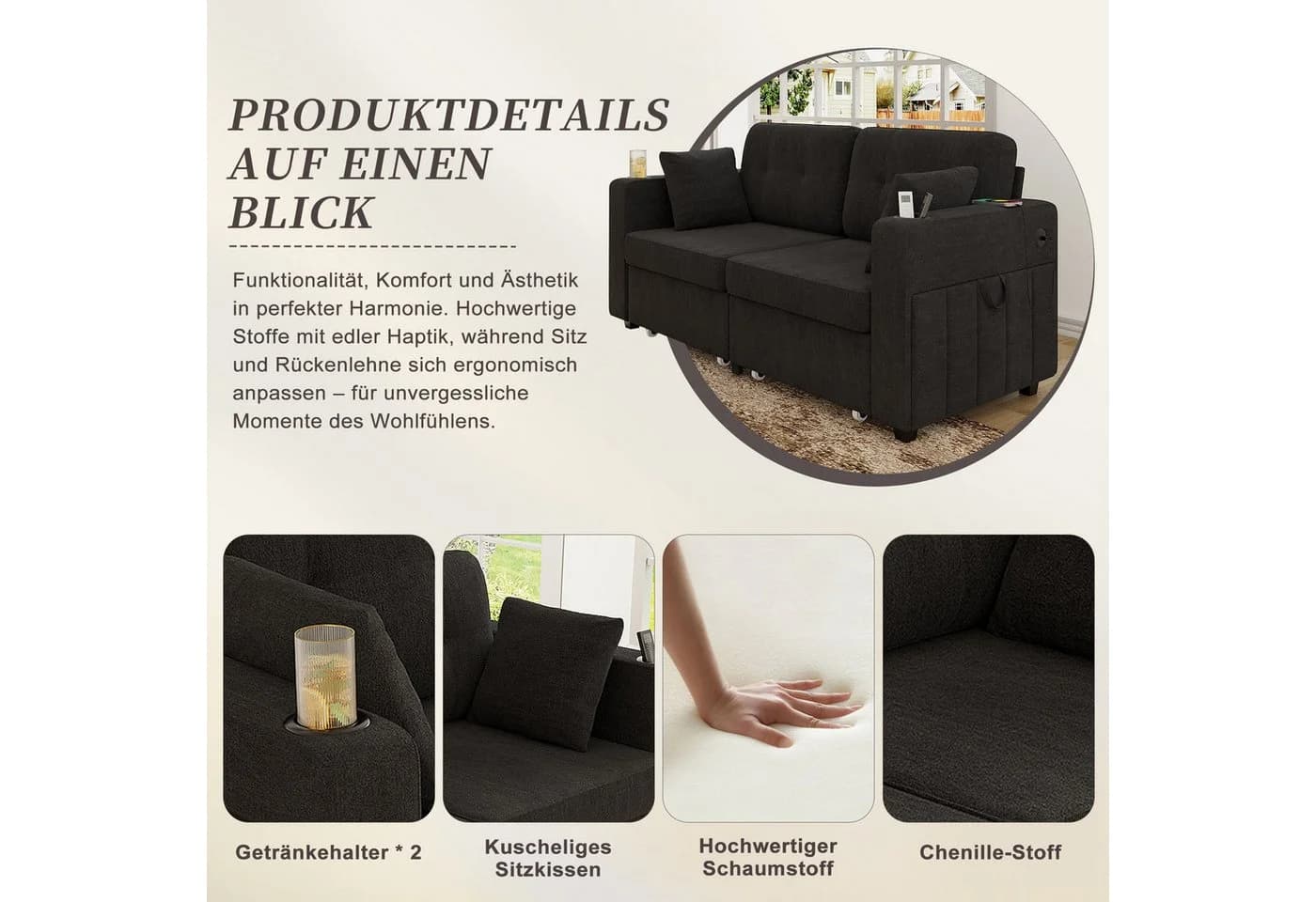 BlingBin 2-Sitzer Sofa Schwarz mit Stauraum & USB - Bild 5