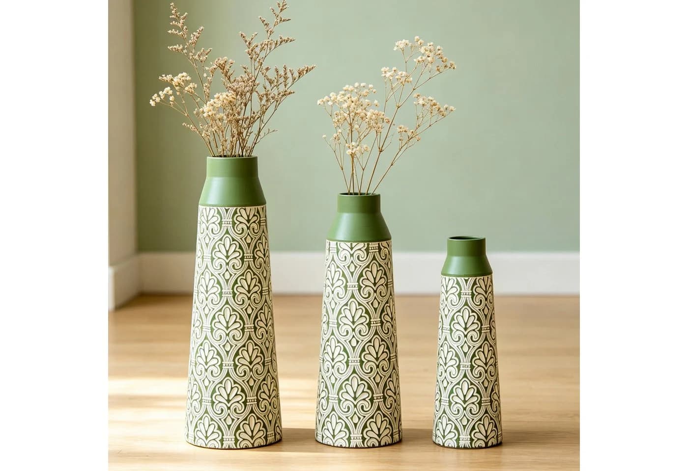 BlingBin Bodenvase 3er Set Metall Grün/Weiß Geometrisches Muster - Bild 2