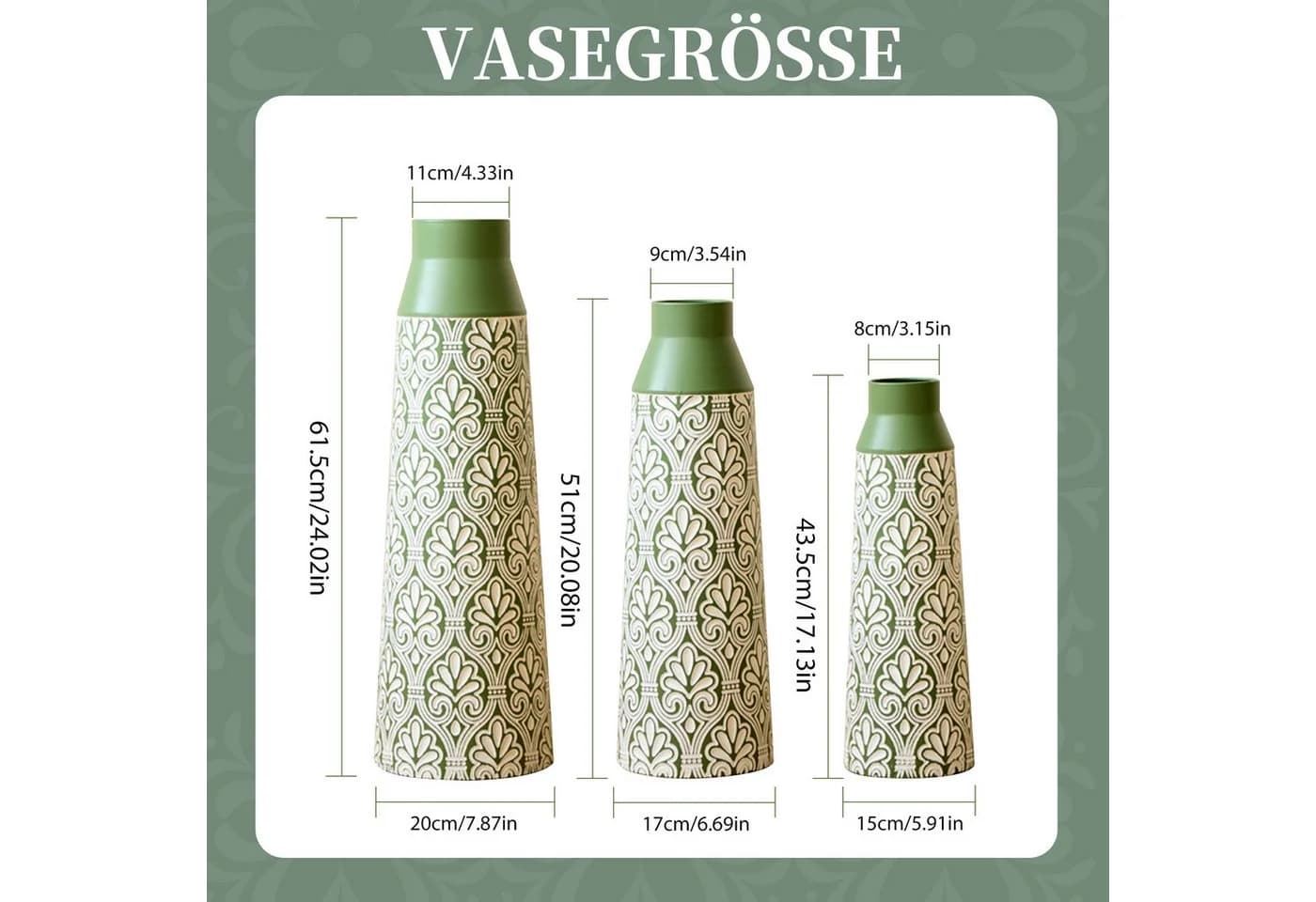 BlingBin Bodenvase 3er Set Metall Grün/Weiß Geometrisches Muster - Bild 3