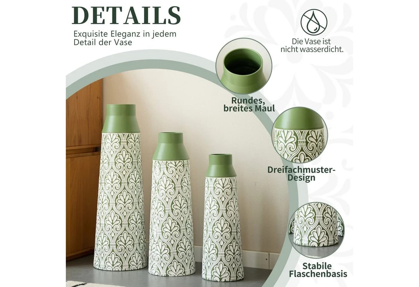 BlingBin Bodenvase 3er Set Metall Grün/Weiß Geometrisches Muster - Bild 4