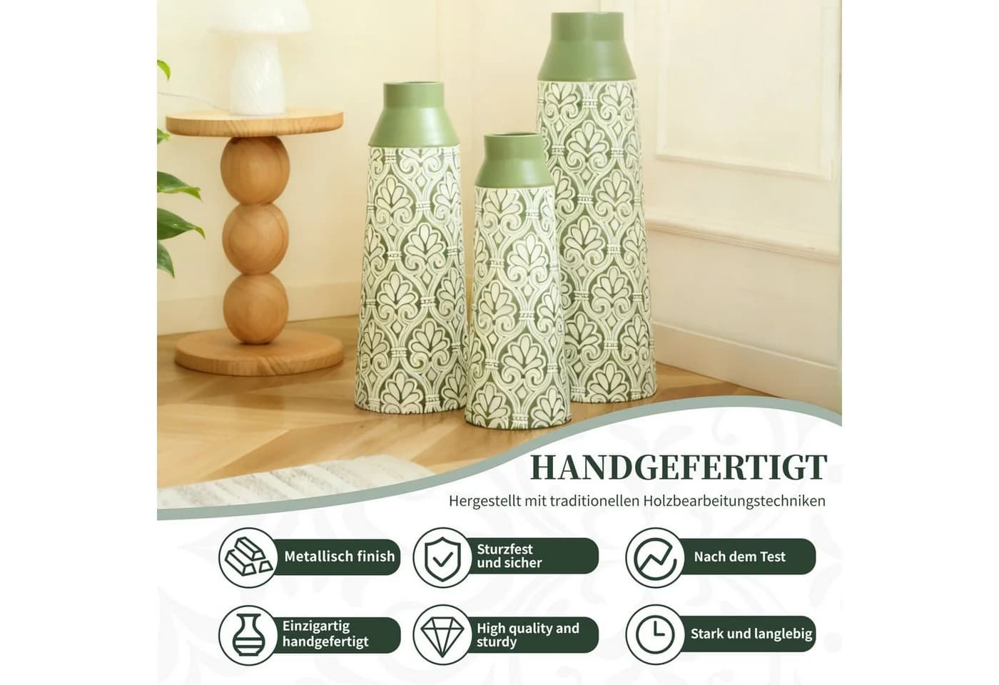 BlingBin Bodenvase 3er Set Metall Grün/Weiß Geometrisches Muster - Bild 5