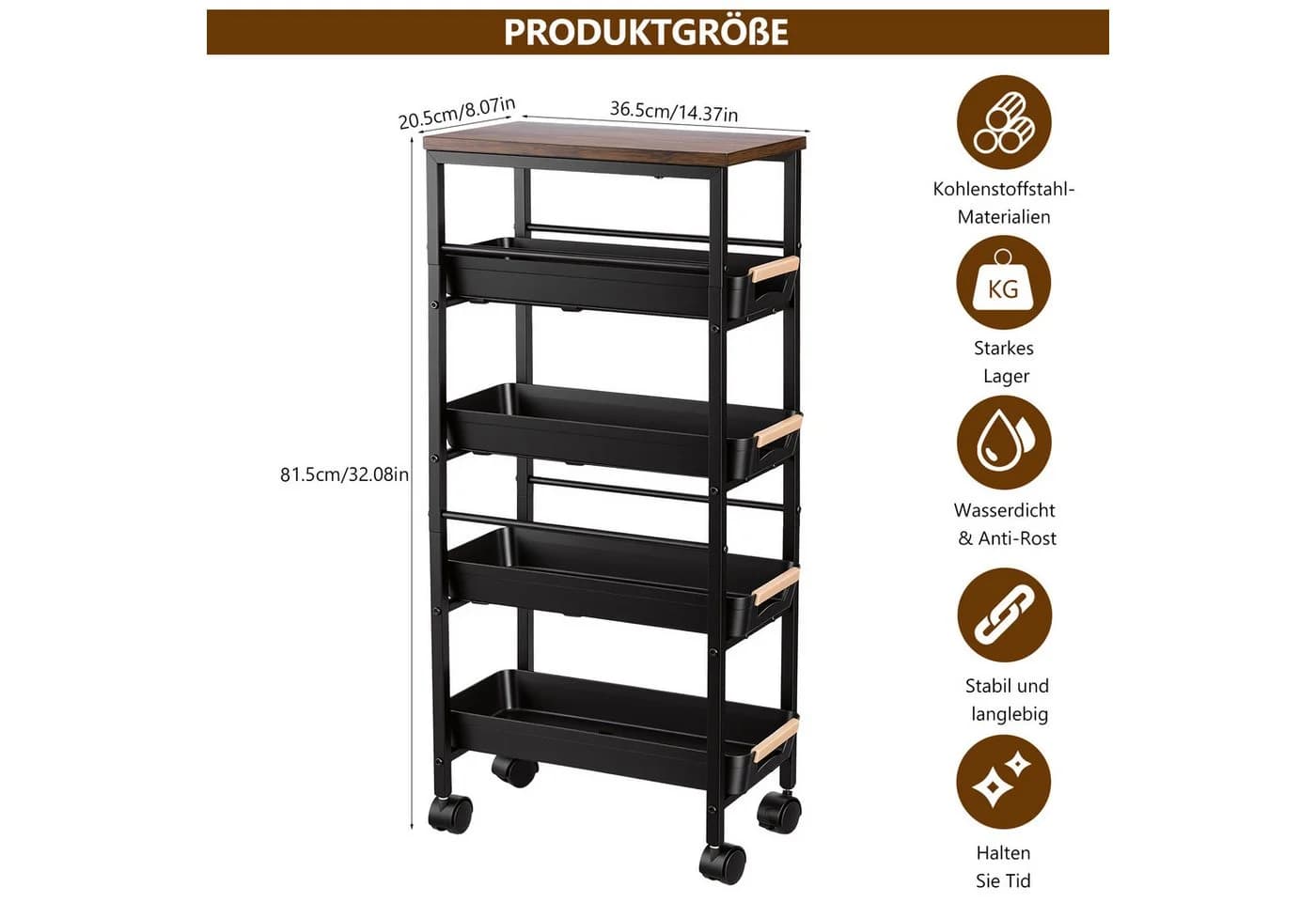 BlingBin Küchenwagen 5 Ebenen Braun/Schwarz mit Schubladen