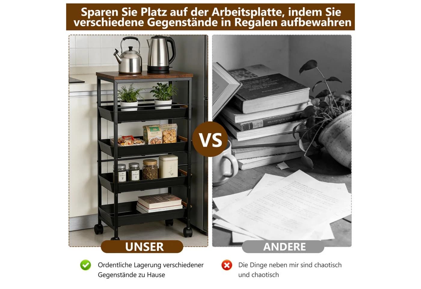 BlingBin Küchenwagen 5 Ebenen Braun/Schwarz mit Schubladen - Bild 5